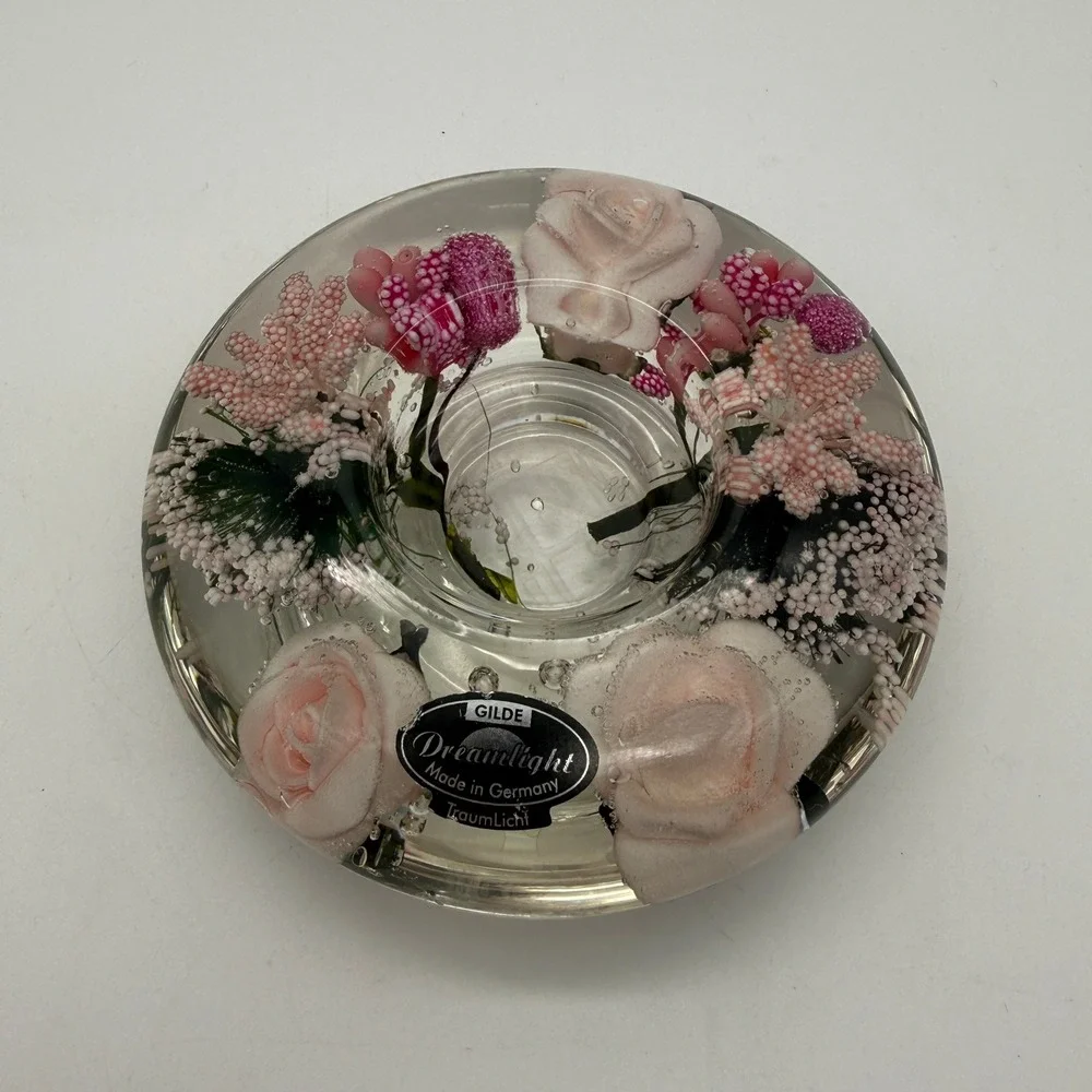 Gilde Dreamlight Candle Holder Germany Pink Rose Floral Resin Round 4in
